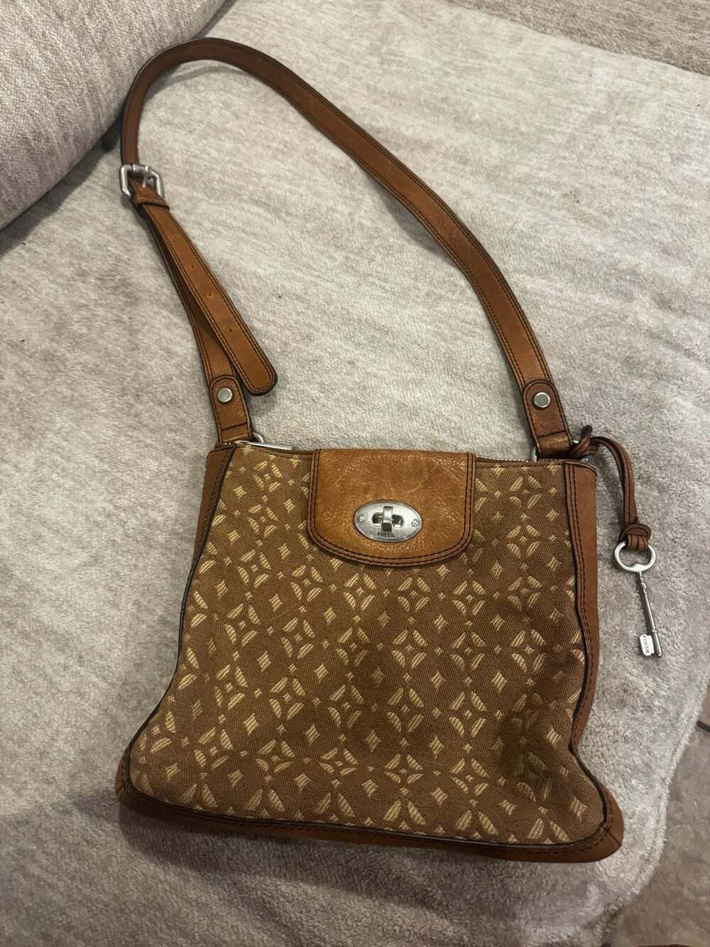 Fossil Brown Monogram Canvas and Leather Trim Crossbody Bag with Key Charm